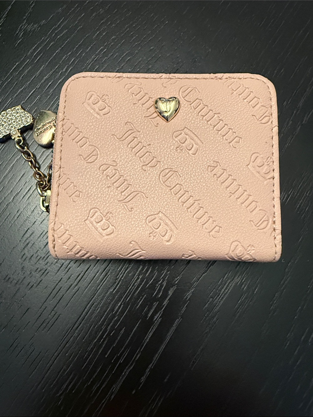Juicy Couture Not Your Babe Soft Pink Embossed Heart Charm Zip Small Wallet.